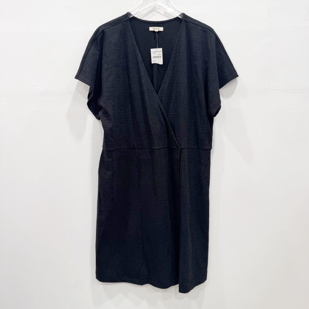Madewell Faux Wrap Black V-Neck Dress Size 2X Cotton Blend Spring 2023